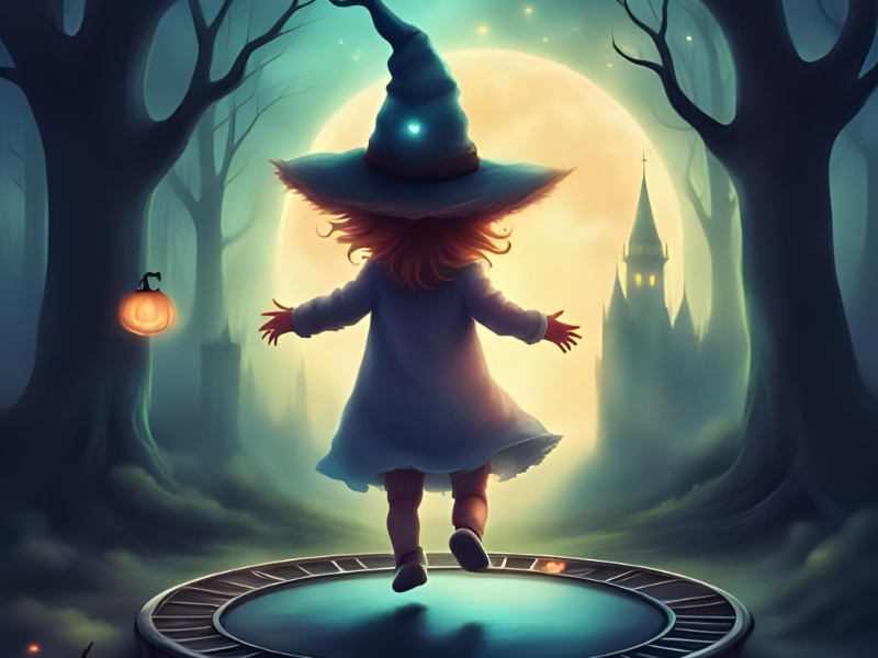 AI image on a child witch bouncing on a trampoline
