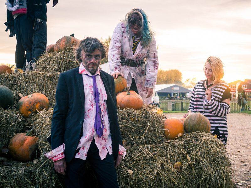 3 spooky characters from a family October half term halloween event 1 zombie, 1 mad professor and one escaped convict